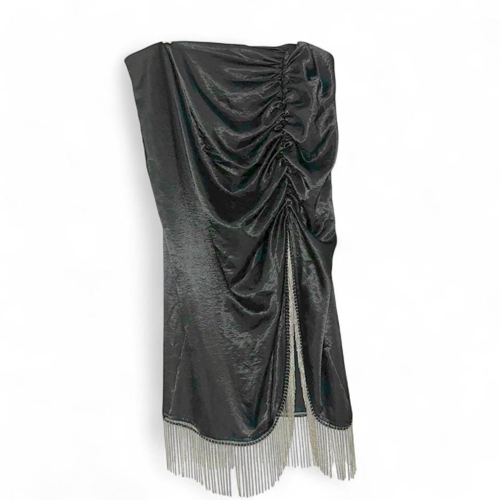 Nasty Gal Fringe Skirt Black Satin Silver MIcro Ball Chain US 10 UK 14 EU 42